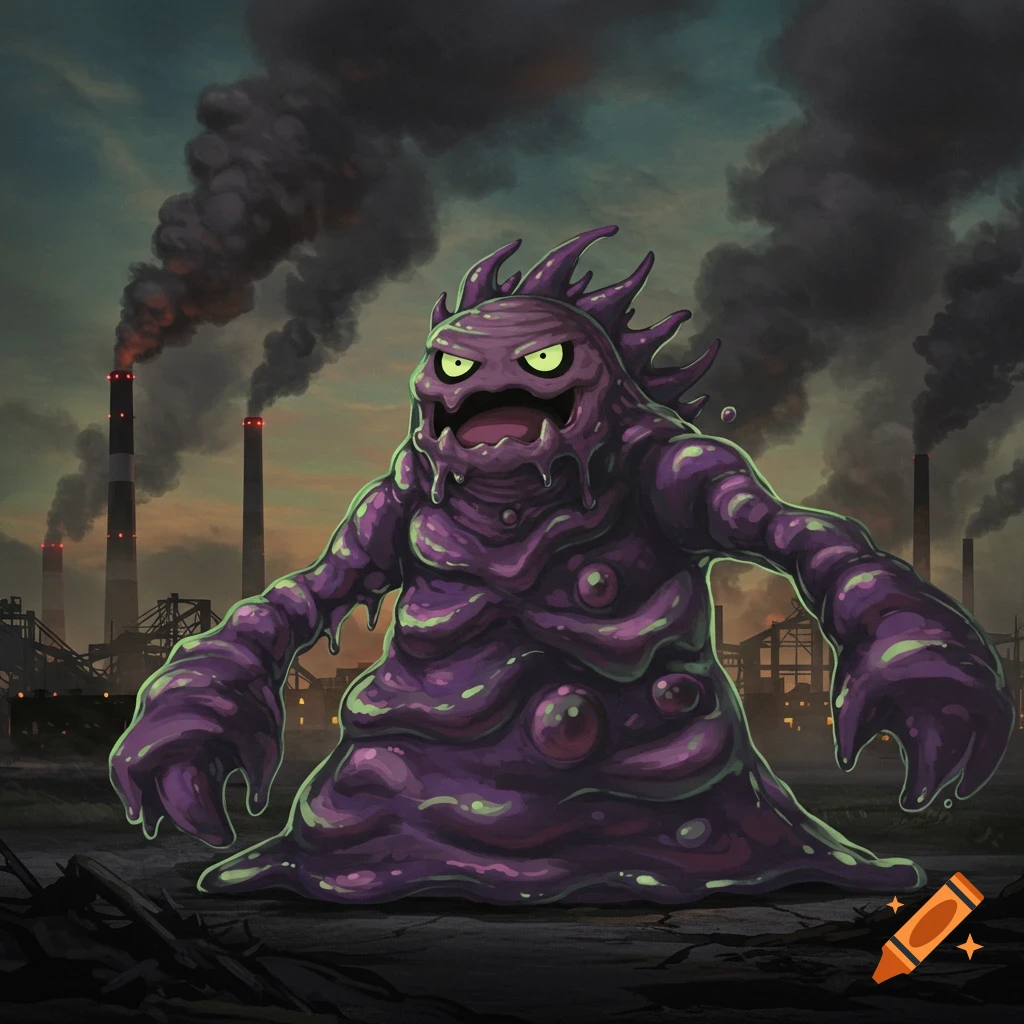 A large purple, slimy monster with glowing green eyes stands in a polluted industrial landscape under a dark sky.