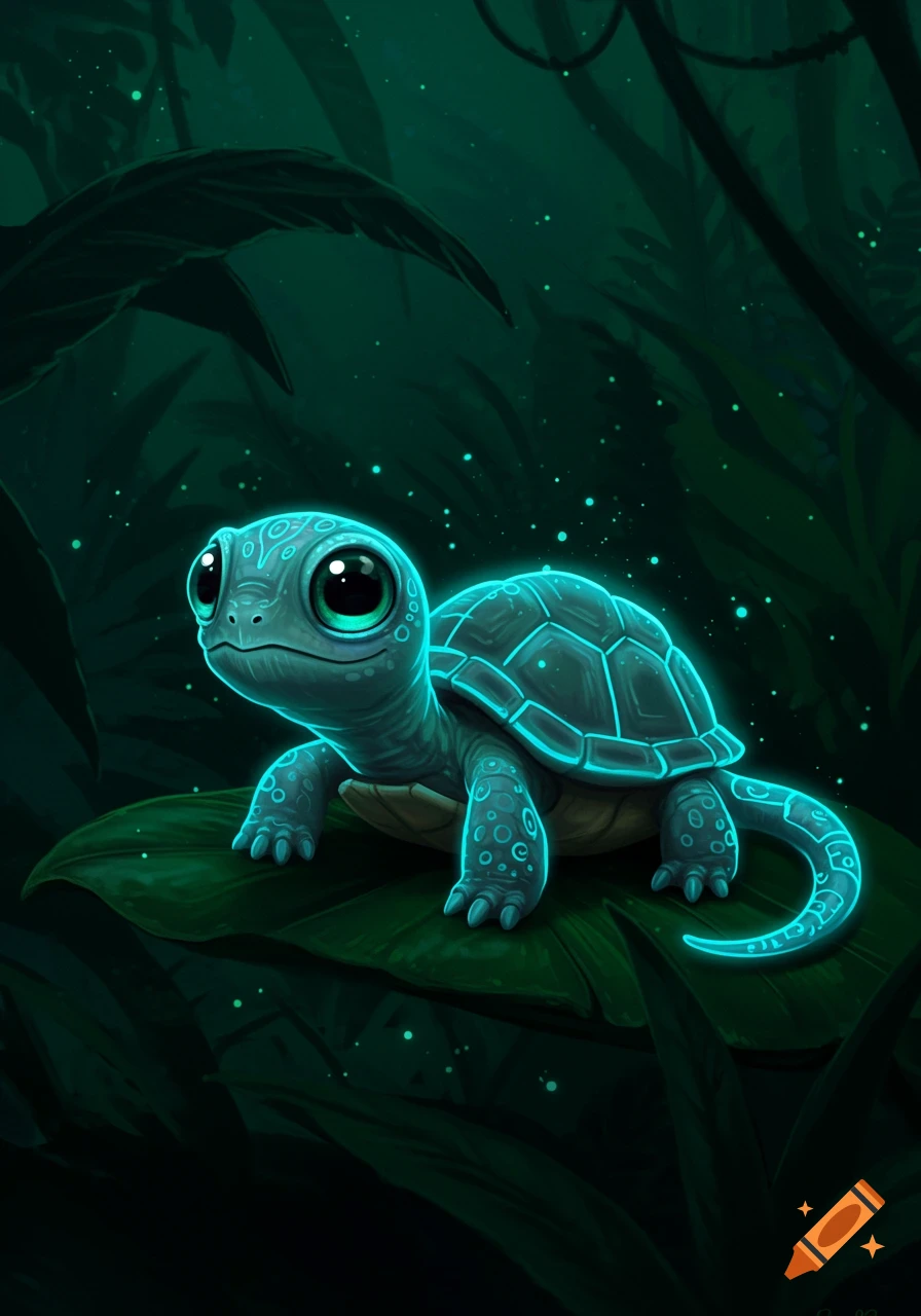 A cute, glowing teal turtle-lizard creature with big eyes sits on a leaf in a dark, lush jungle in a stylized illustration.