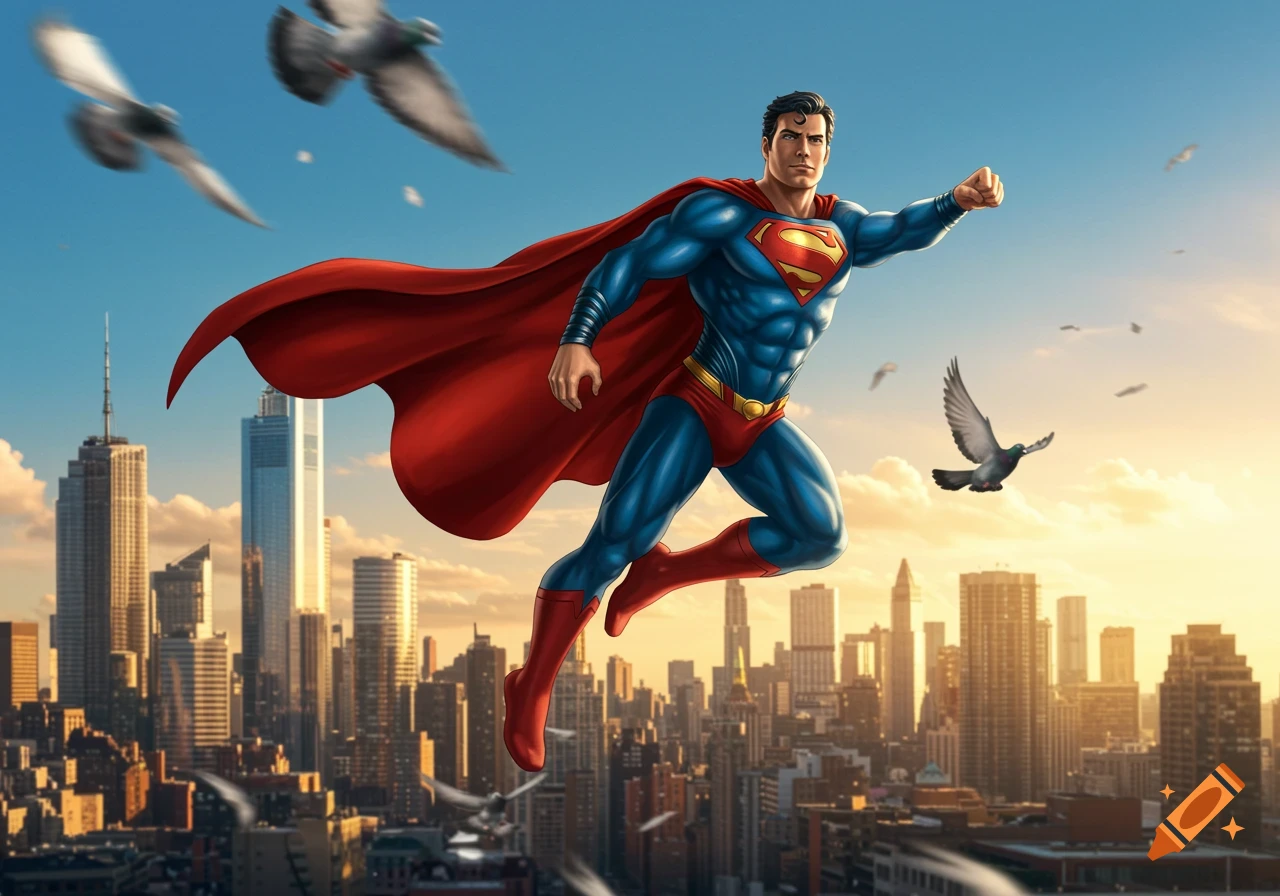 Superman flies determinedly over a city at sunset, with birds in the sky, in a realistic comic book illustration.
