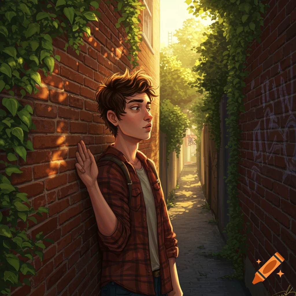 An illustrated young man with brown hair leans against a brick wall in a sunlit alleyway, covered in ivy.