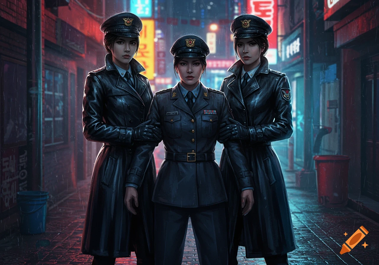 Three women in uniform standing on a rainy city street at night with neon signs. The central figure is a military officer, flanked by two policewomen.