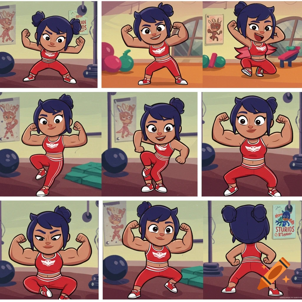 Cartoon model sheet of Owlette's mom from PJ Masks flexing muscles at the gym.