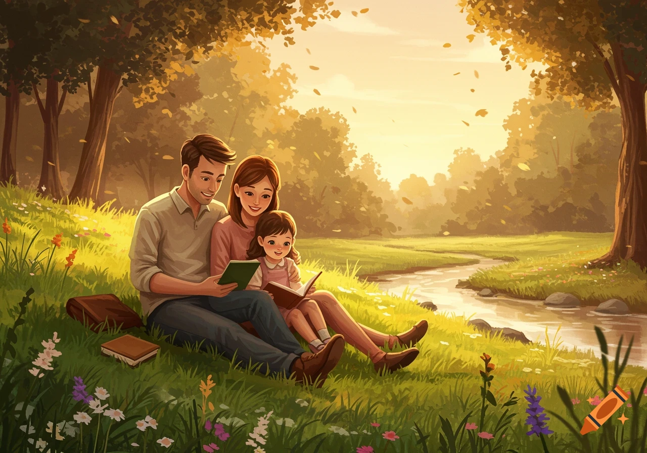 An illustration of a family (father, mother, and daughter) sitting on a grassy bank by a river, reading books in a sunlit park with trees.
