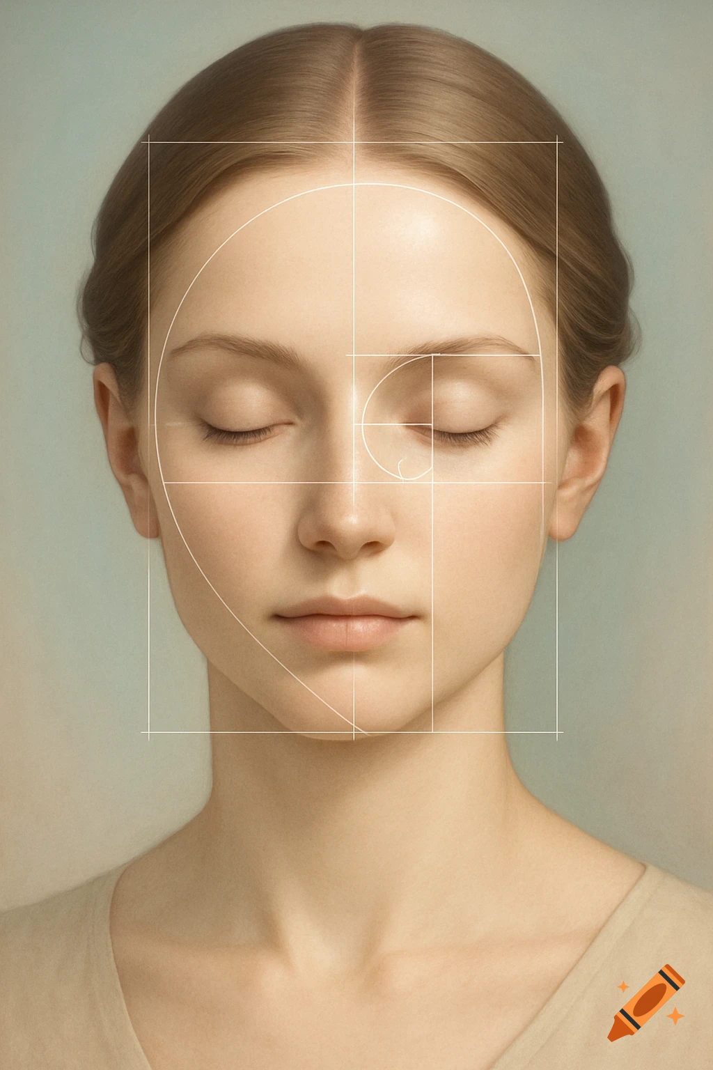 Photorealistic portrait of a woman's face with closed eyes, overlaid with a golden ratio grid and Fibonacci spiral.