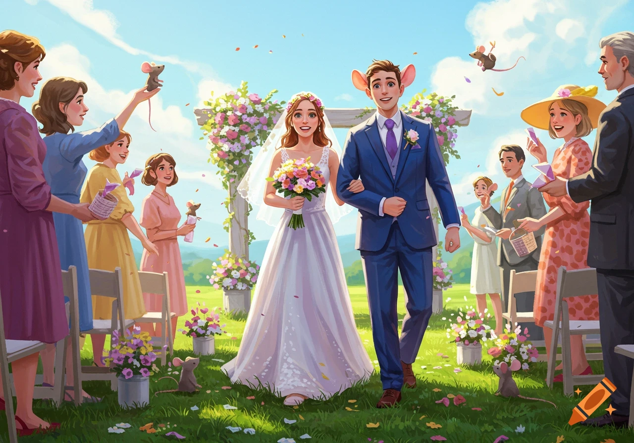 An illustrative image of a bride and groom, who has mouse-like ears, walking down an aisle at an outdoor wedding. Guests on either side smile and throw flower petals and small mice. The scene is bright and sunny with green grass and floral archways.