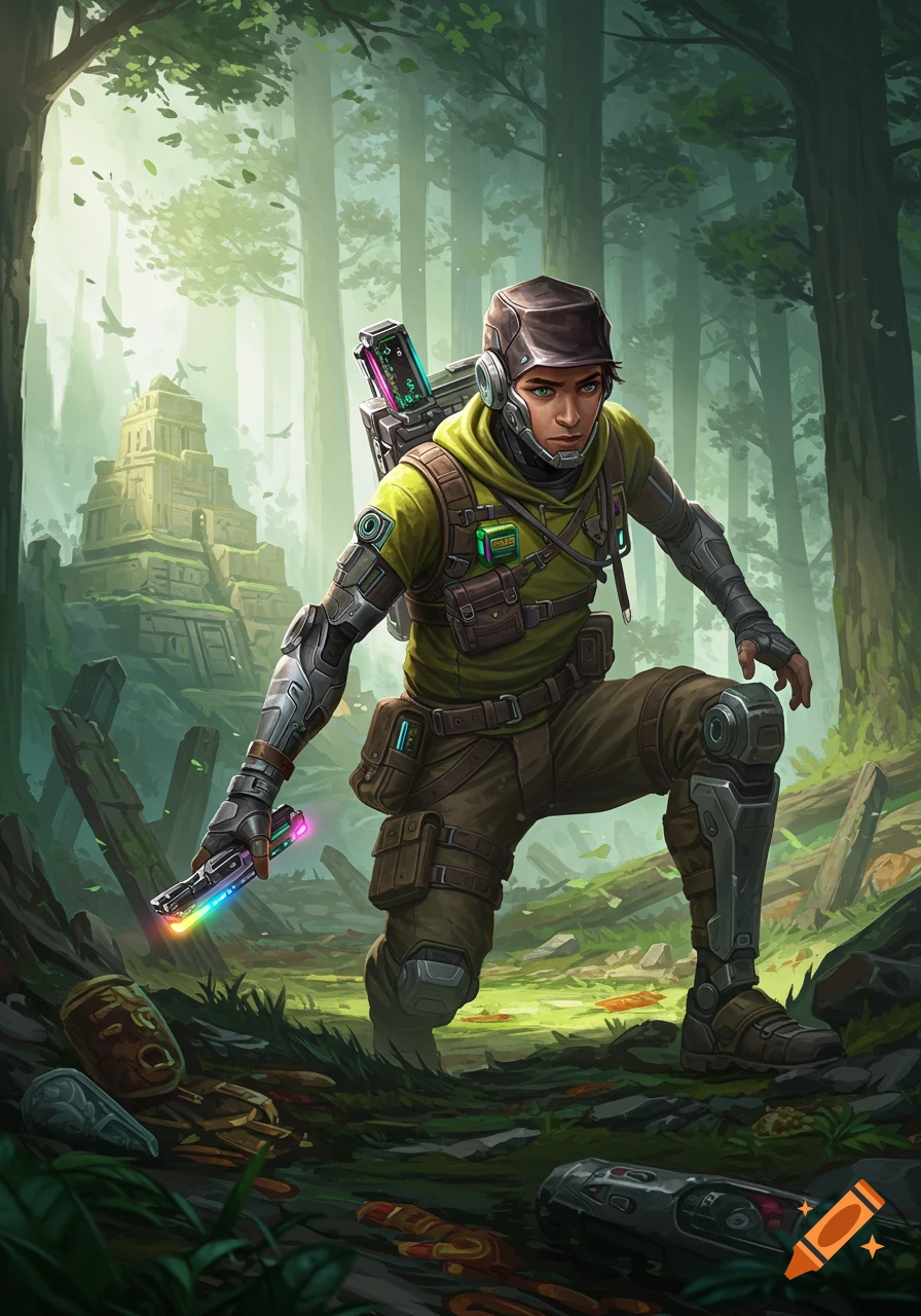 A futuristic scout with cybernetic arm enhancements kneels in a lush forest with ancient ruins, holding a glowing rainbow-colored device. Concept art style.