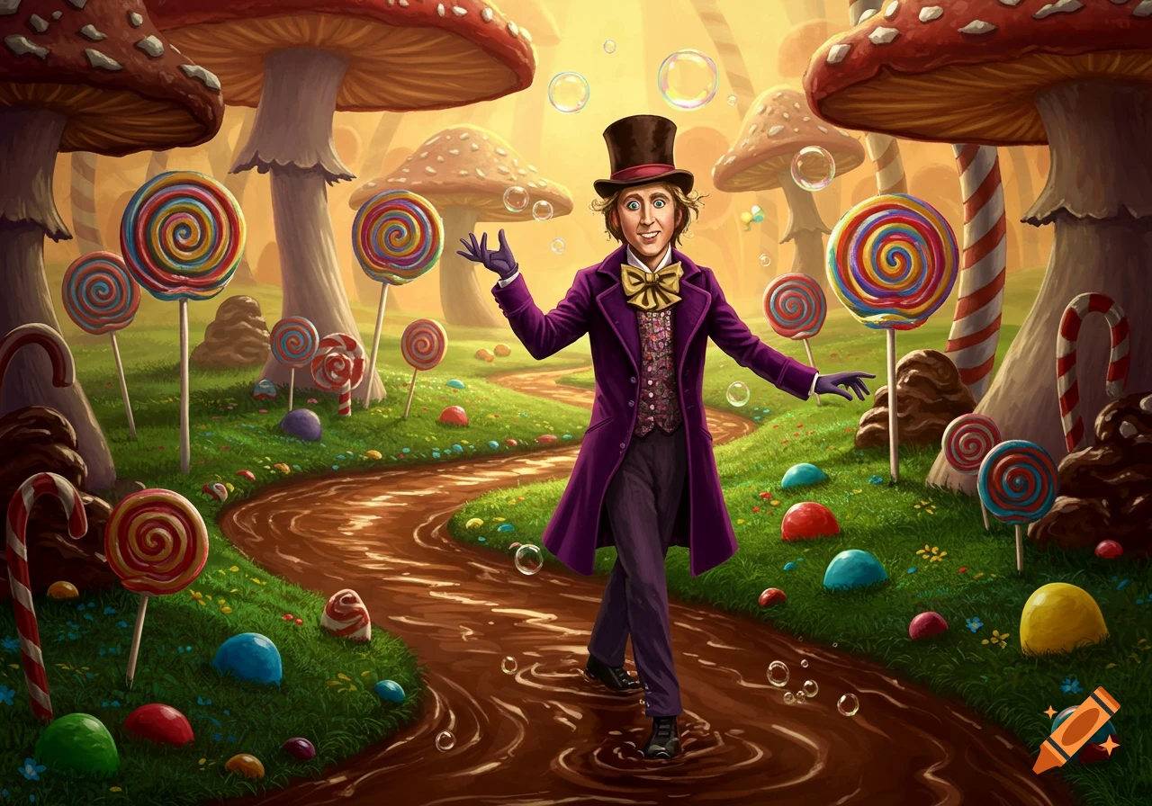 Willy Wonka in a vibrant fantasy candy land with a chocolate river, giant lollipops, and mushroom-like sweets.
