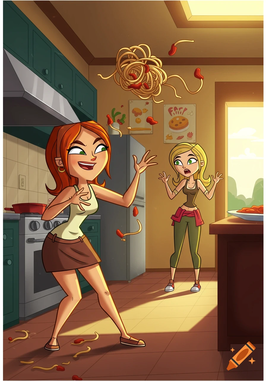 Cartoon image of Heather from Total Drama throwing spaghetti in a kitchen, with Lindsay looking shocked.
