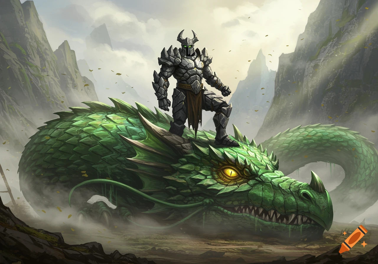 A knight in stone armor stands triumphantly on the head of a large green dragon in a misty mountain landscape.