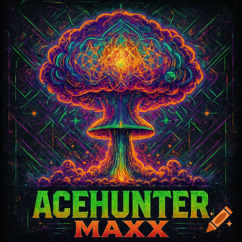 A vibrant, psychedelic mushroom cloud explosion with glowing fractals and sacred geometry, with 'ACEHUNTER MAXX' text below.