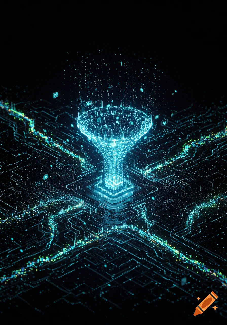 A glowing blue data funnel on a futuristic circuit board, symbolizing digital data processing.