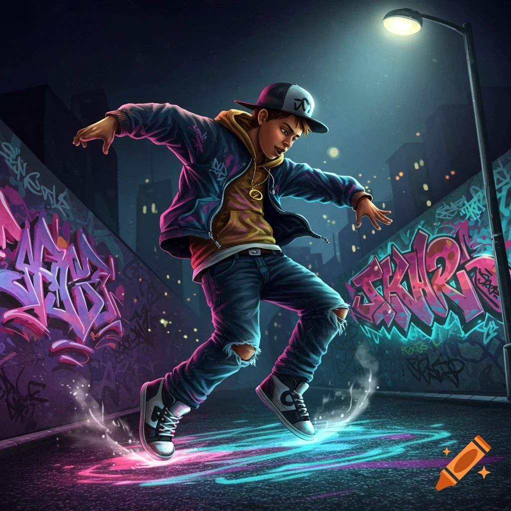 A young hip hop boy in ripped jeans and a hoodie dances on a neon-lit street at night, surrounded by vibrant graffiti walls.