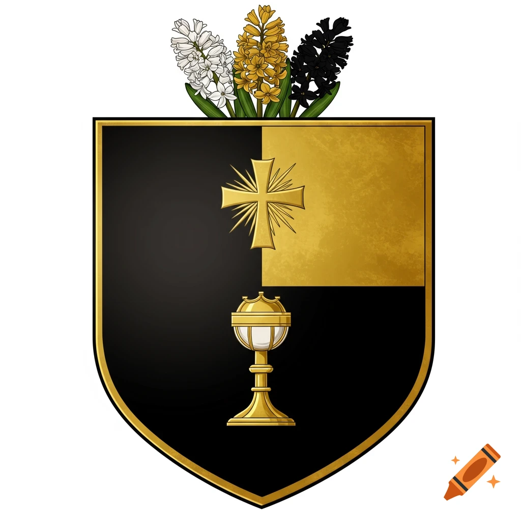 A gold-rimmed shield quartered vertically in black and gold, featuring a golden cross with rays and a golden ciborium. Three hyacinth flowers (white, gold, black) emerge from the top.