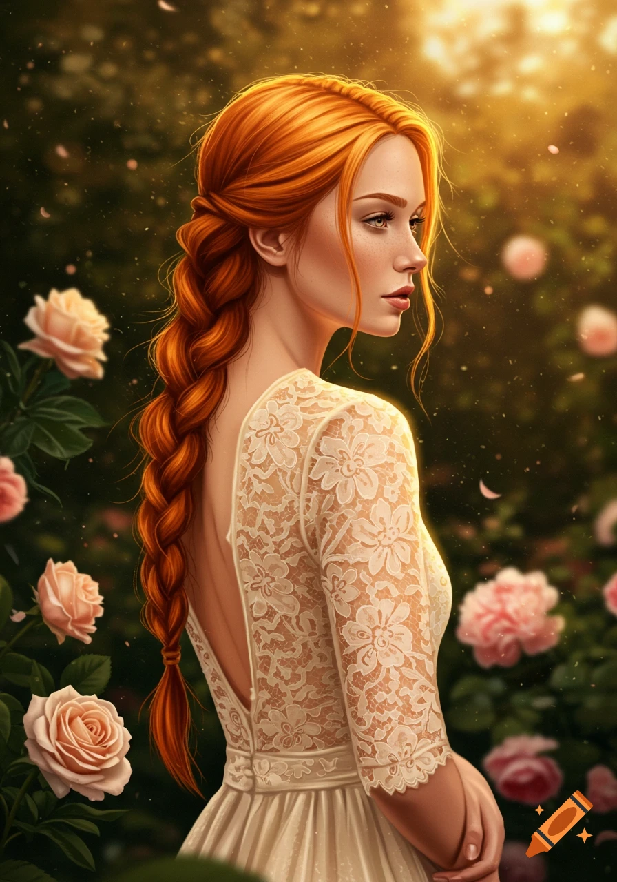 A detailed portrait of a redhead woman with a long braid, wearing a white lace dress, looking over her shoulder in a sunlit rose garden.