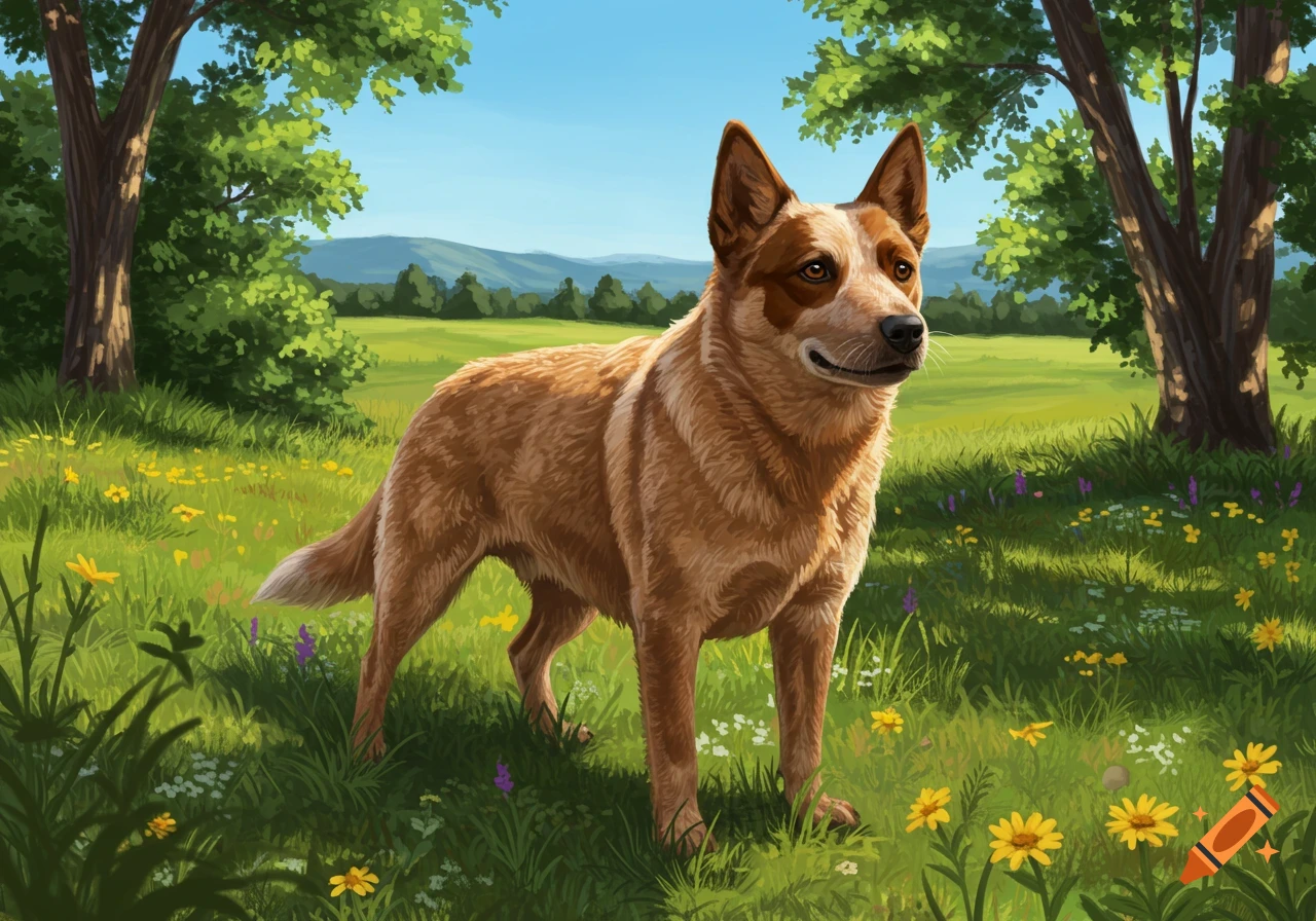 A red cattle dog stands in a grassy field with wildflowers and trees under a blue sky.