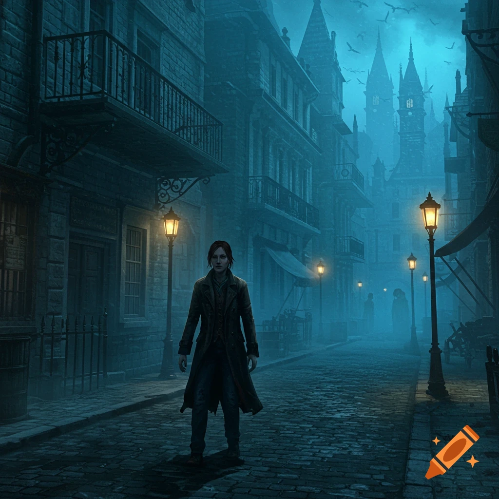 A lone woman in a long coat walks down a foggy cobblestone street in a dark Victorian city under a blue sky, resembling a PS2 horror game still.