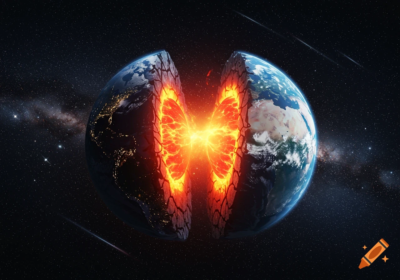 Planet Earth split in half, revealing a fiery, glowing core, against a backdrop of stars in space.