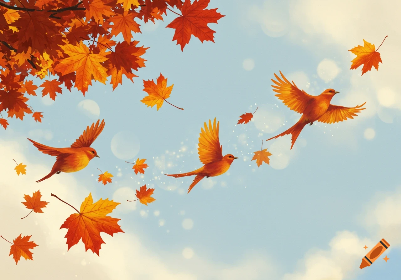 Orange-red birds fly among falling autumn maple leaves in a light blue sky, in an illustrative style.