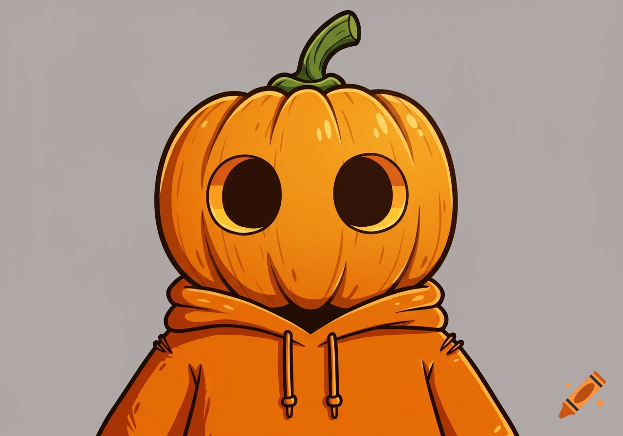 A cartoon orange pumpkin character with large round eyes wearing an orange hooded sweatshirt against a grey background.