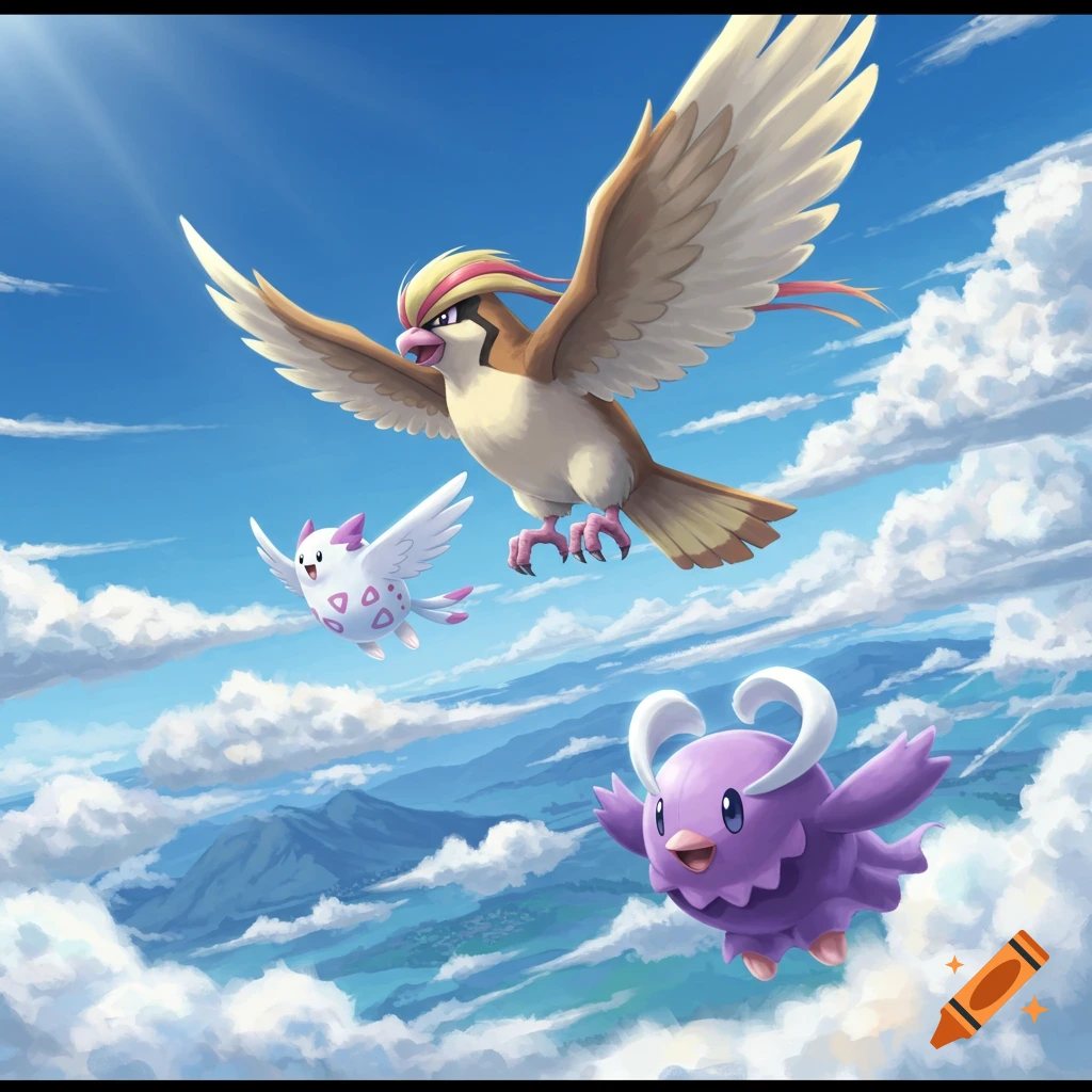 Pidgeot, Togetic, and a purple flying Pok esoar through a bright, cloudy sky above mountains.