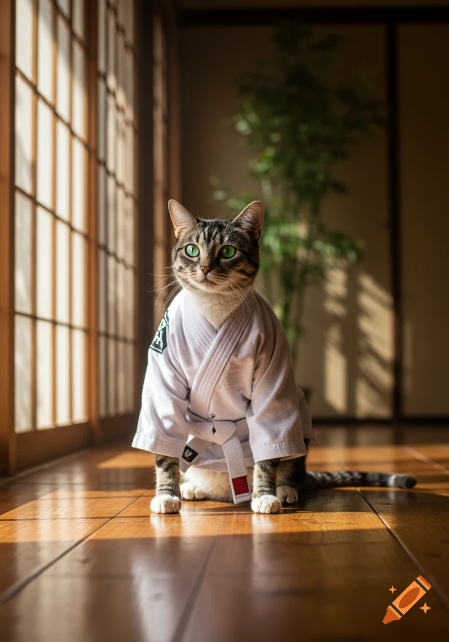 A photorealistic image of a tabby cat with green eyes wearing a white martial arts gi, sitting on a wooden floor in a sunlit Japanese-style room.
