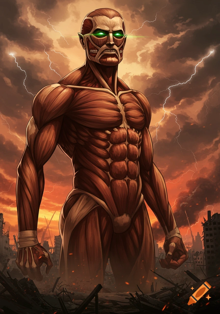 A skinless giant figure with exposed muscles and glowing green eyes stands in a ruined city under a lightning-filled, stormy sky, in an anime style.