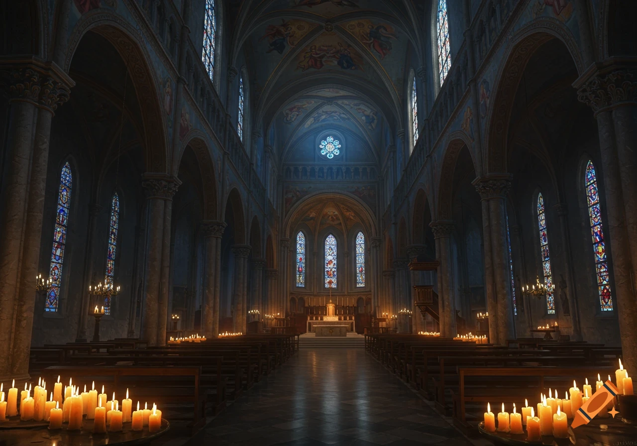 Interior of a grand, dark church with rows of pews, many lit candles, and light streaming through stained glass windows.