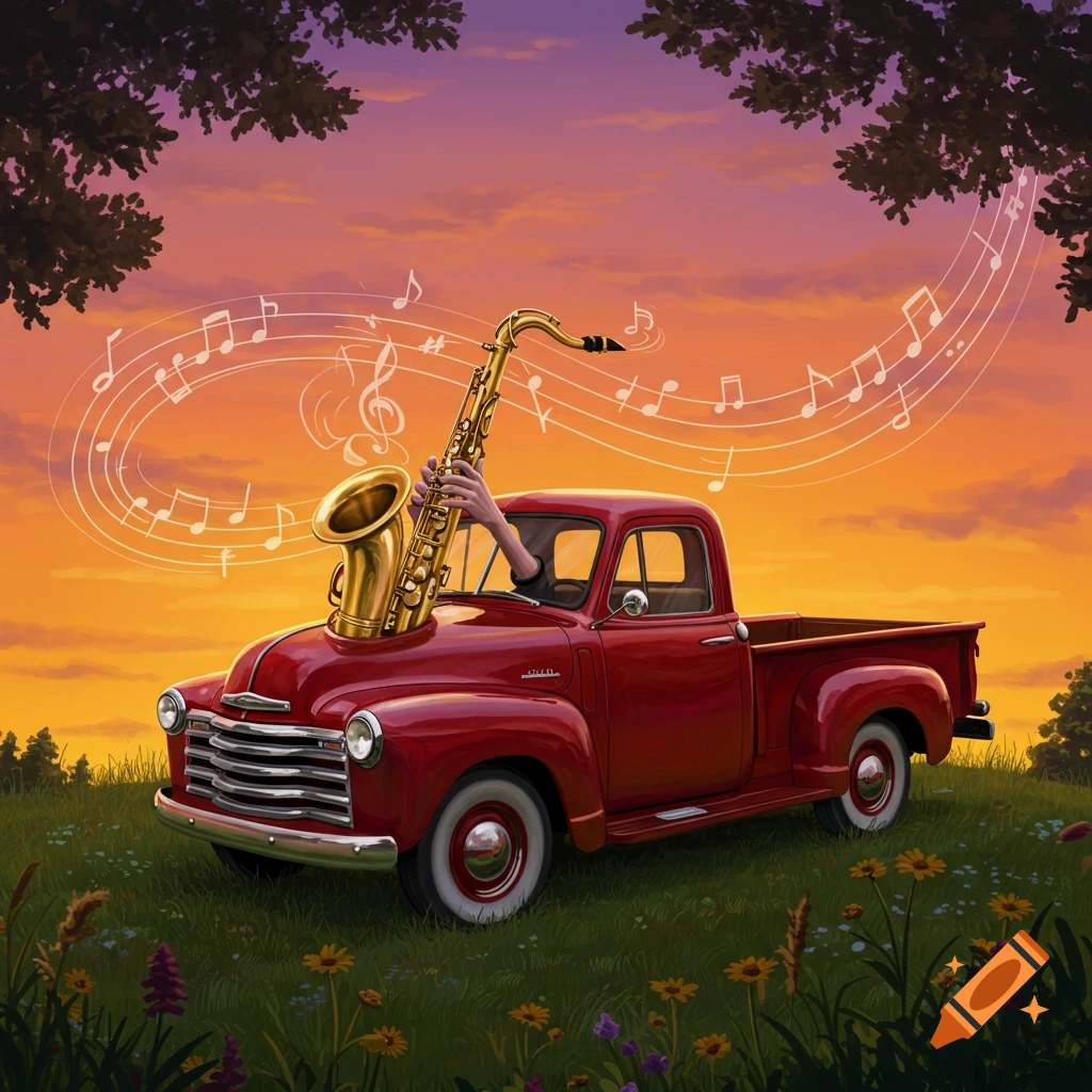 A red vintage pickup truck in a grassy field at sunset, with a hand holding a saxophone emerging from the window and musical notes floating in the air.