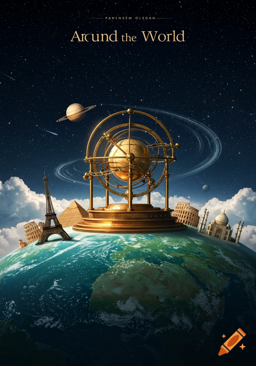 A golden armillary sphere on a globe, surrounded by landmarks like the Eiffel Tower, Colosseum, and Taj Mahal, under a starry sky with a planet and rings.