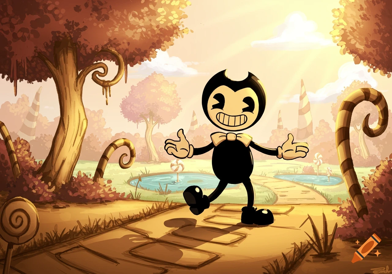 Bendy, a black and white cartoon character, smiles in a golden-lit fantasy world with candy-cane trees.