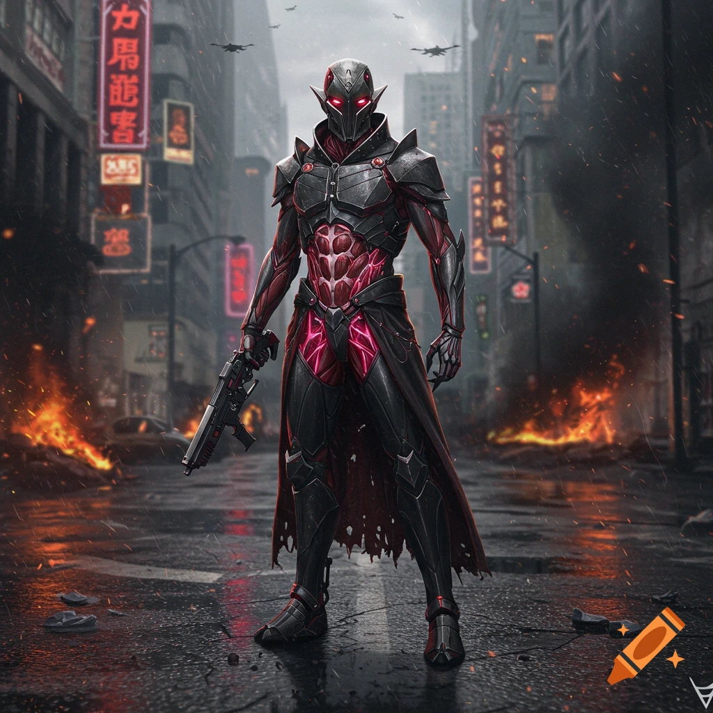 A heavily armored vampire enforcer stands in a rain-slicked, ruined cyberpunk city street with fires and neon signs.