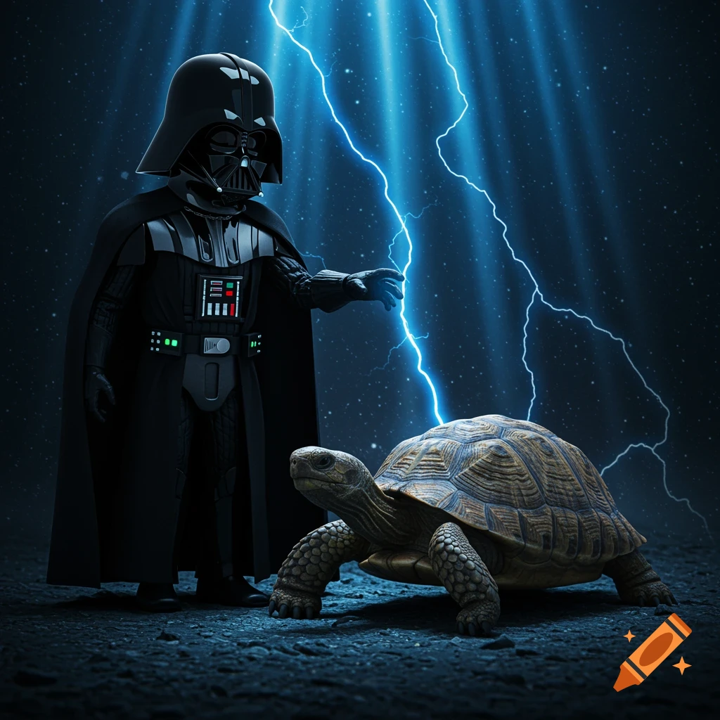 Photorealistic image of Darth Vader raising his hand with blue lightning towards a tortoise on a dark, starry ground.