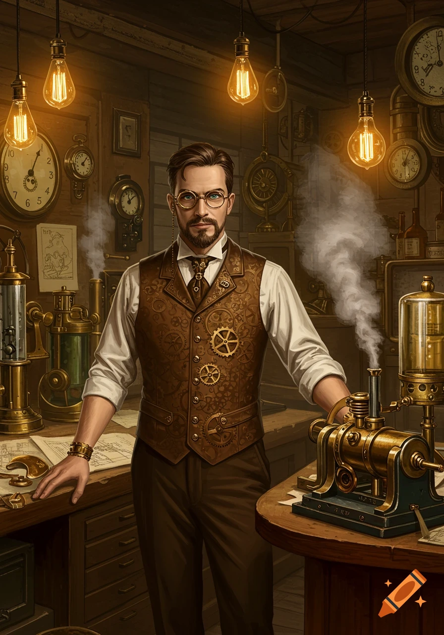 A steampunk inventor with a monocle and geared vest stands in a cluttered workshop with brass machinery and steam.