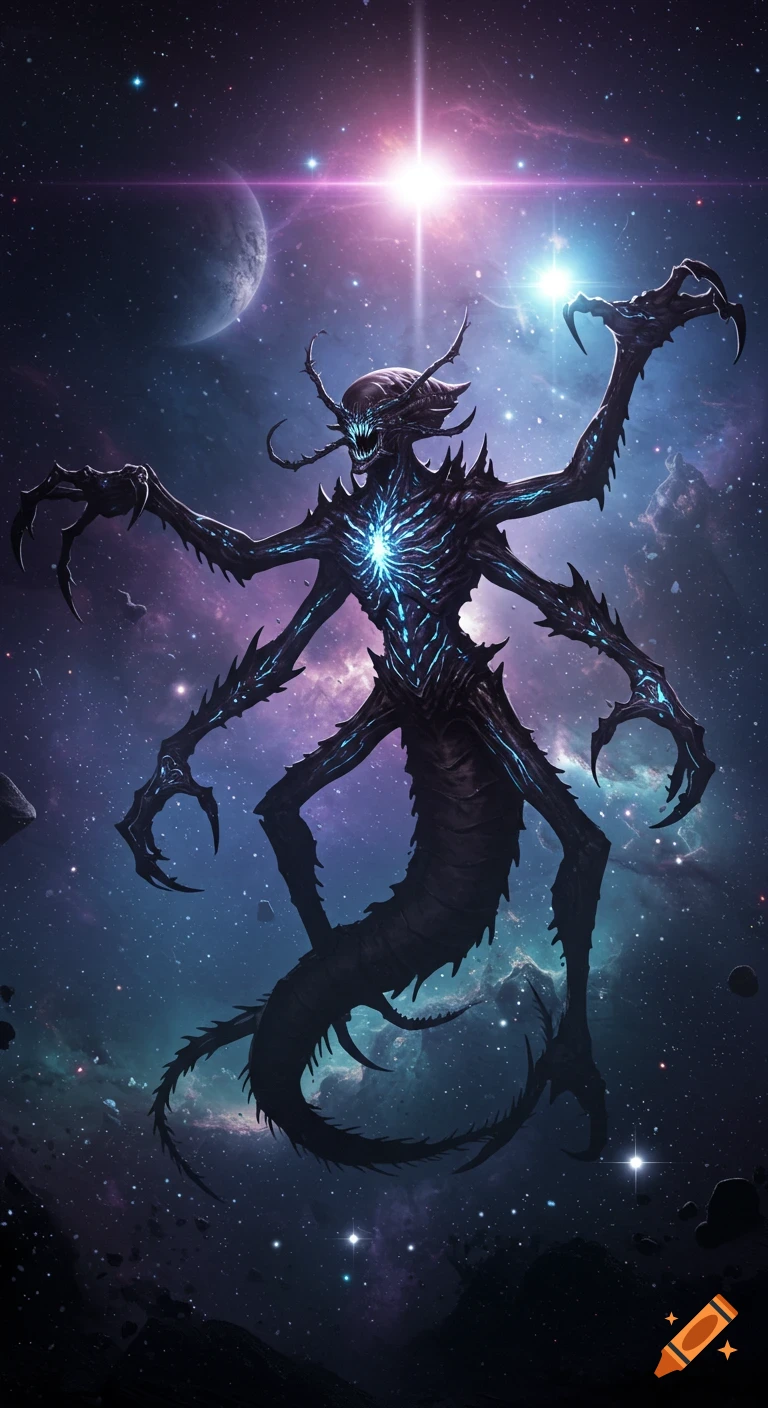 A dark, multi-limbed insectoid alien monster with glowing blue patterns in a cosmic background of nebulae, planets, and stars.
