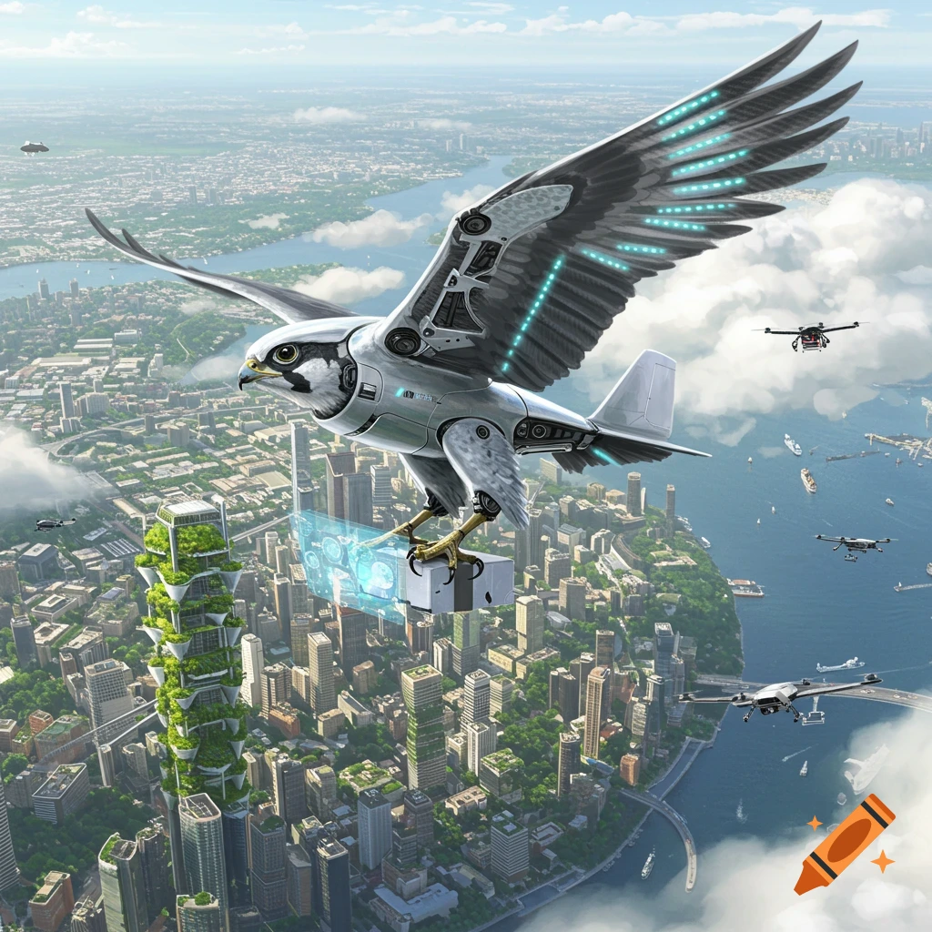 A robotic falcon delivers a package over a futuristic city with drones, showcasing a green skyscraper and a river.