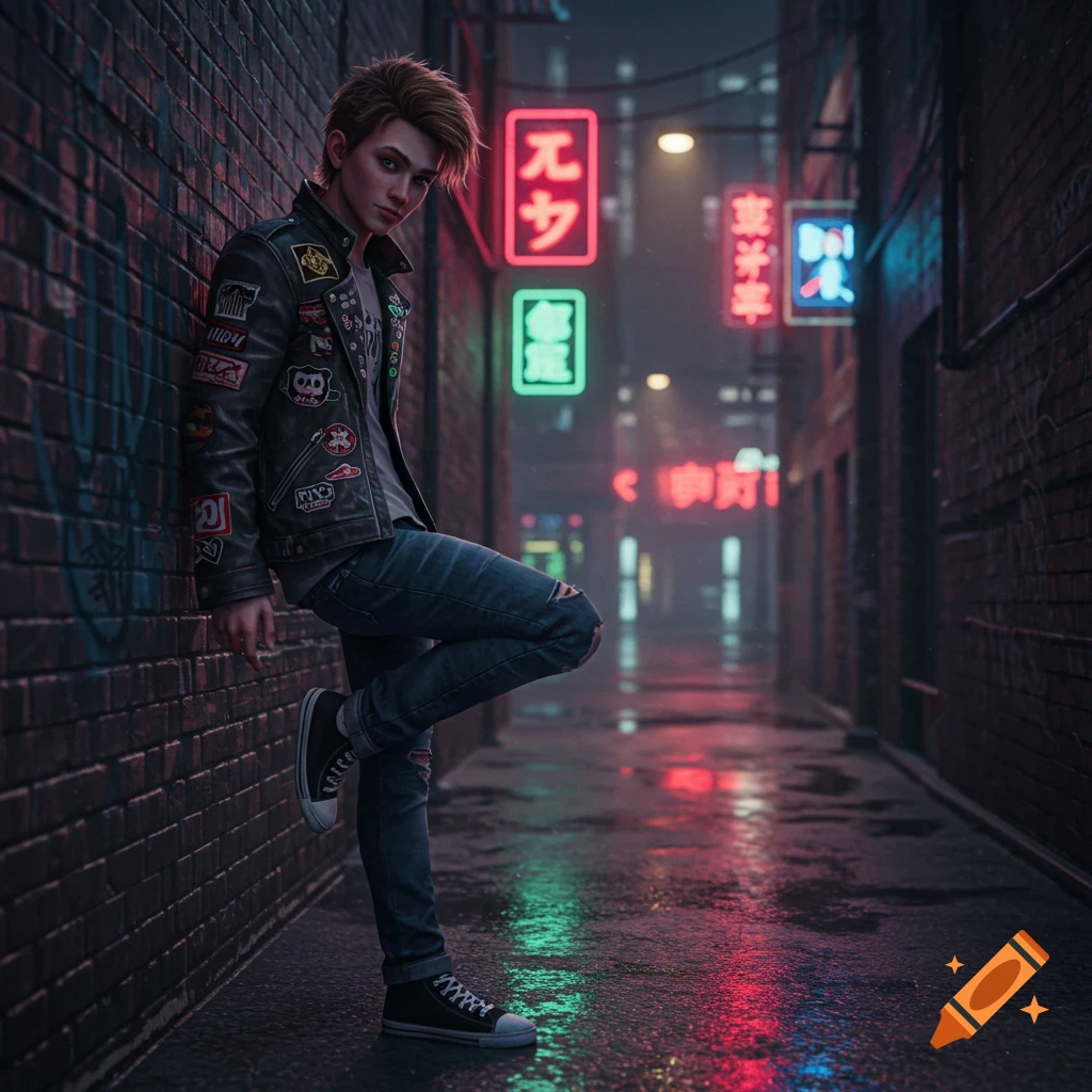 A young man in a leather jacket and ripped jeans leans against a brick wall in a dark, wet alley lit by colorful neon signs.