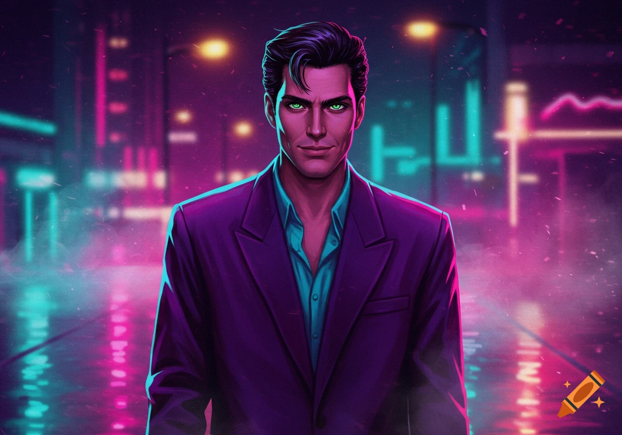 A stylish 1980s man with slick black hair and green eyes in a purple suit, standing on a neon-lit city street.