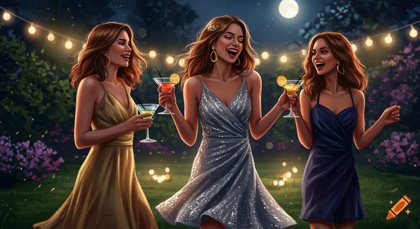 Three women in dresses laugh and hold cocktails at an outdoor night party with string lights.