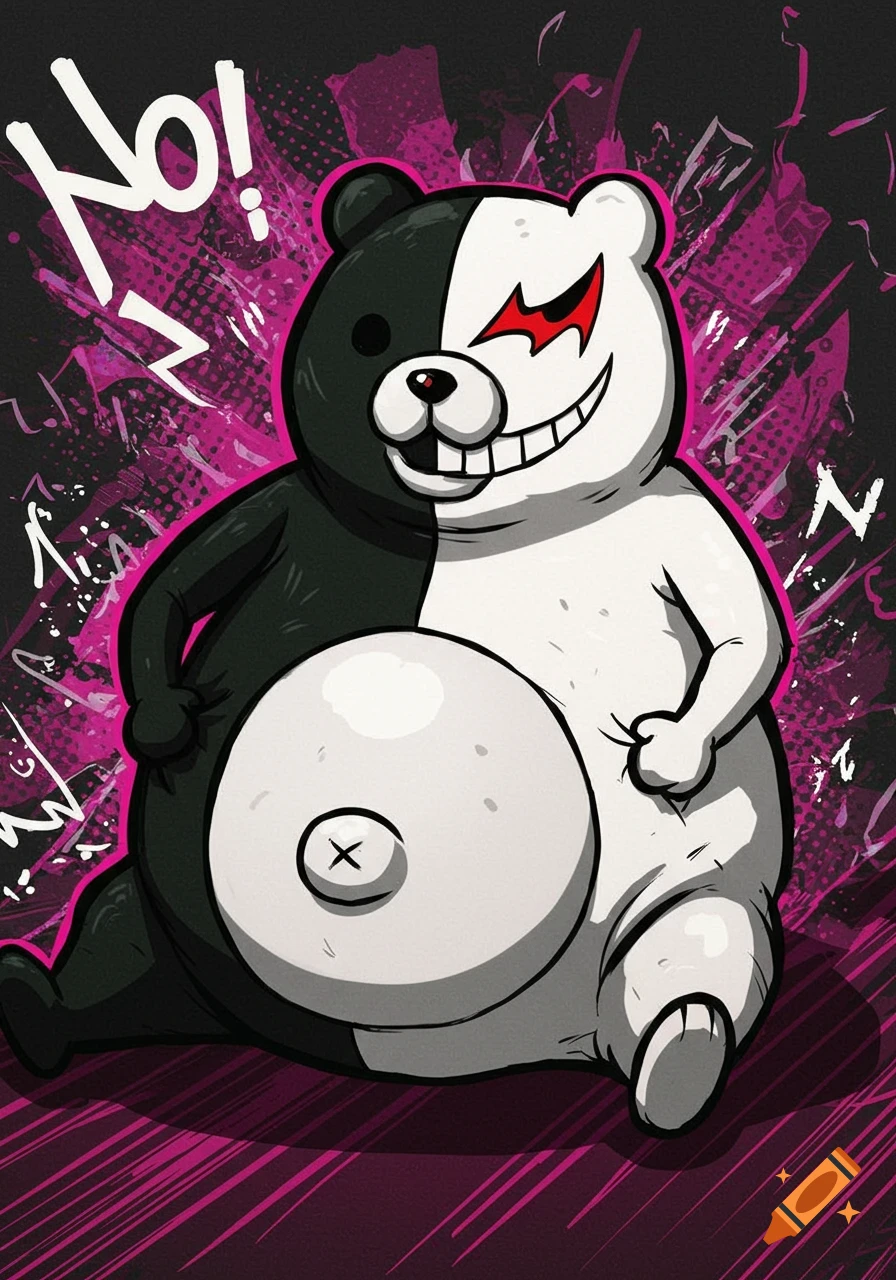 Stylized illustration of obese black and white Monokuma bear with a large belly, grinning, on a pink and black splatter background with "No!".