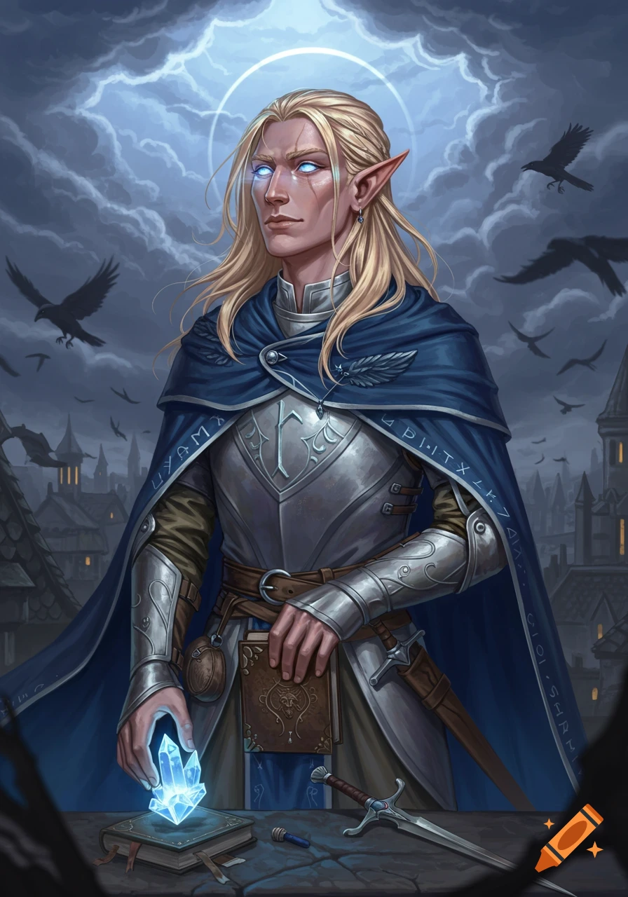 Fantasy art of a blonde male elf in armor and blue cloak, holding a glowing crystal, with ravens flying over a city at dusk.