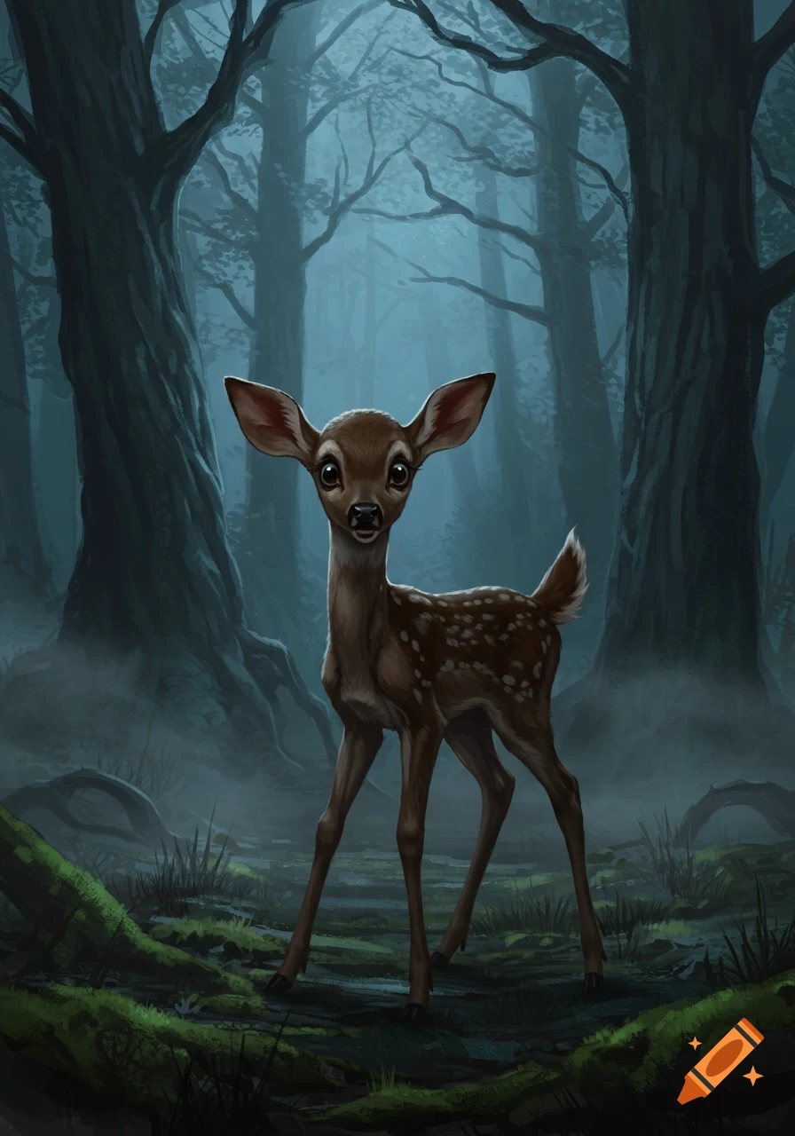 A wide-eyed fawn, looking terrified, stands in a dark, misty forest in a digital painting.