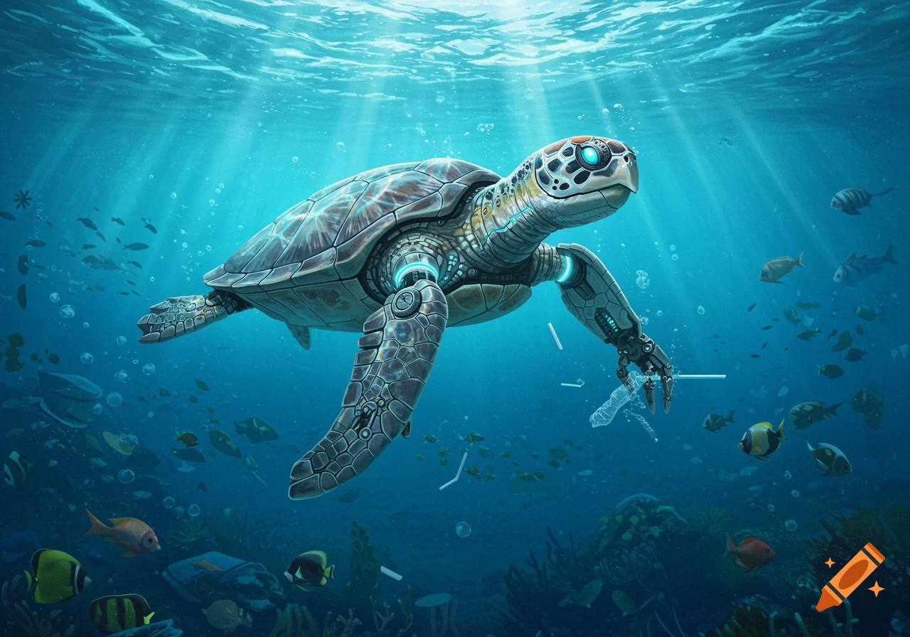 A photorealistic robot turtle with glowing blue accents swims underwater amongst fish and plastic pollution, holding a plastic straw.