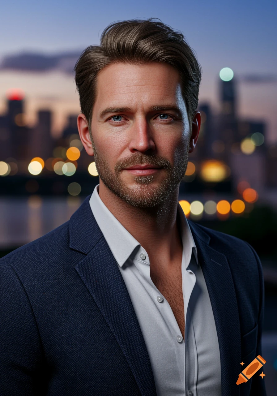 A photorealistic portrait of a handsome bearded man in a suit jacket and open-collared shirt, standing against a blurred city skyline at dusk.
