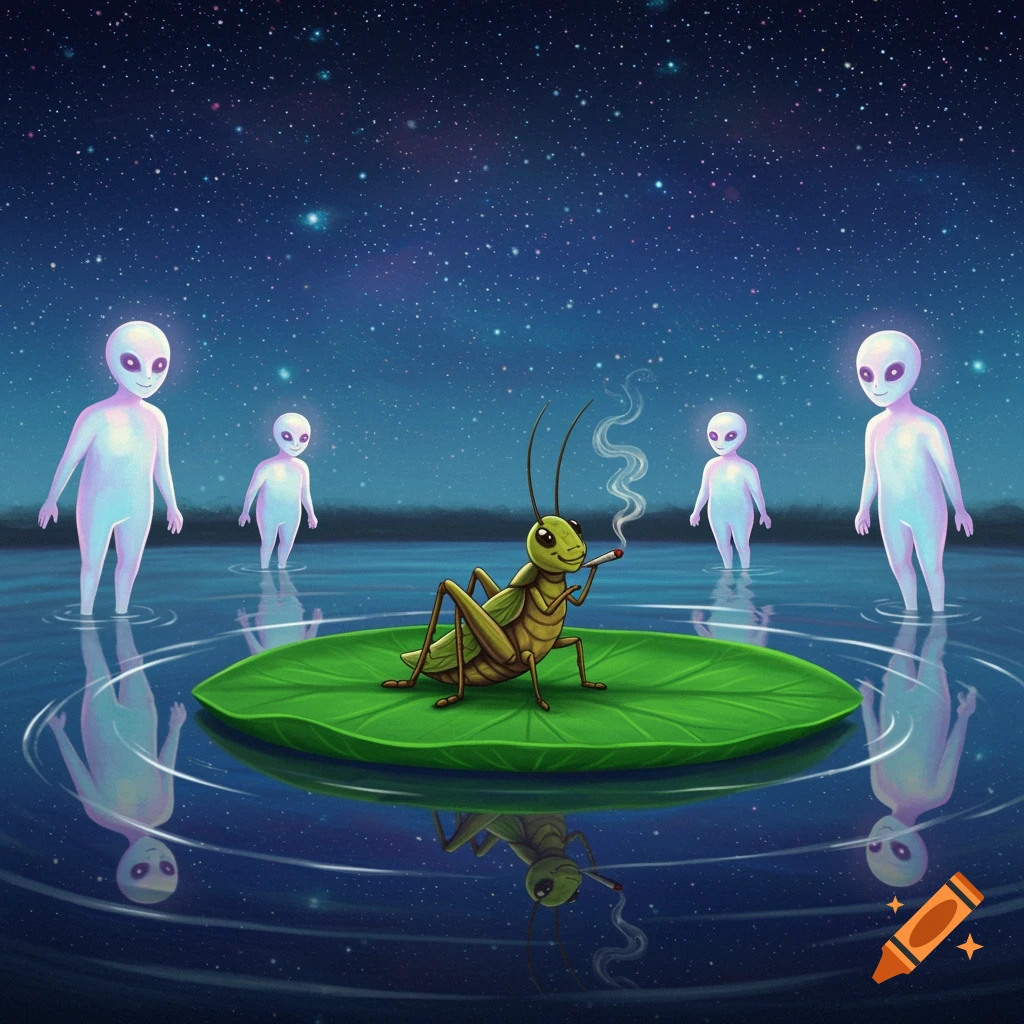 A stylized illustration of a cricket smoking on a lilypad, surrounded by four aliens in water under a starry night sky.