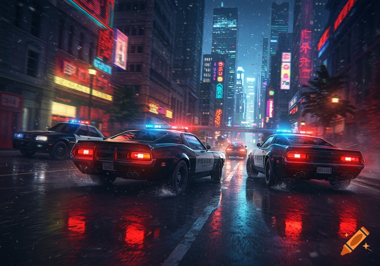 Police cars with flashing lights speed down a wet city street at night, reflecting neon signs.