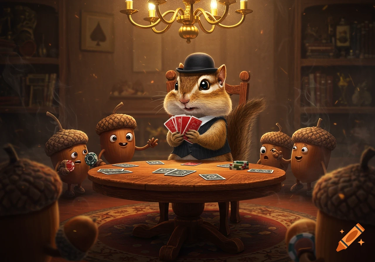 A cute cartoon chipmunk in a vest and bowler hat plays poker with several animated acorns around a wooden table under a chandelier.