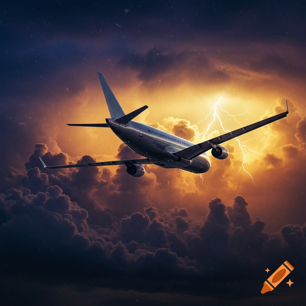 A commercial airplane flies through a dark, stormy sky with lightning striking in the background.