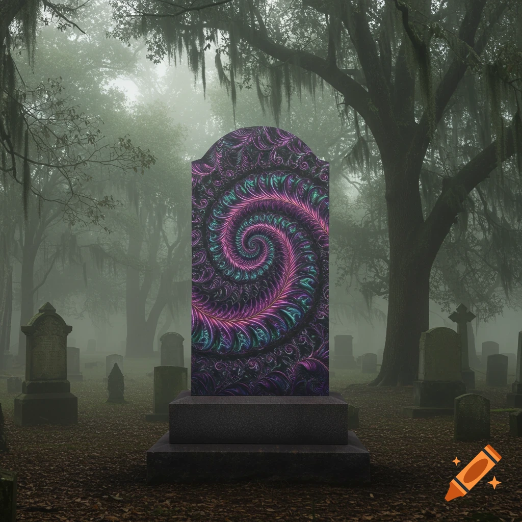A vibrant fractal pattern on a gravestone in a foggy, eerie cemetery.