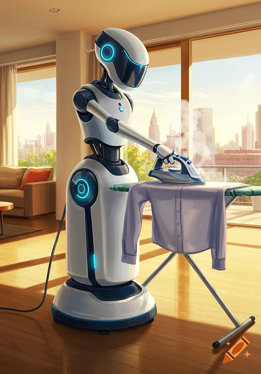 A white and blue futuristic robot with glowing accents irons a purple shirt on an ironing board in a sunlit modern apartment with a city view.