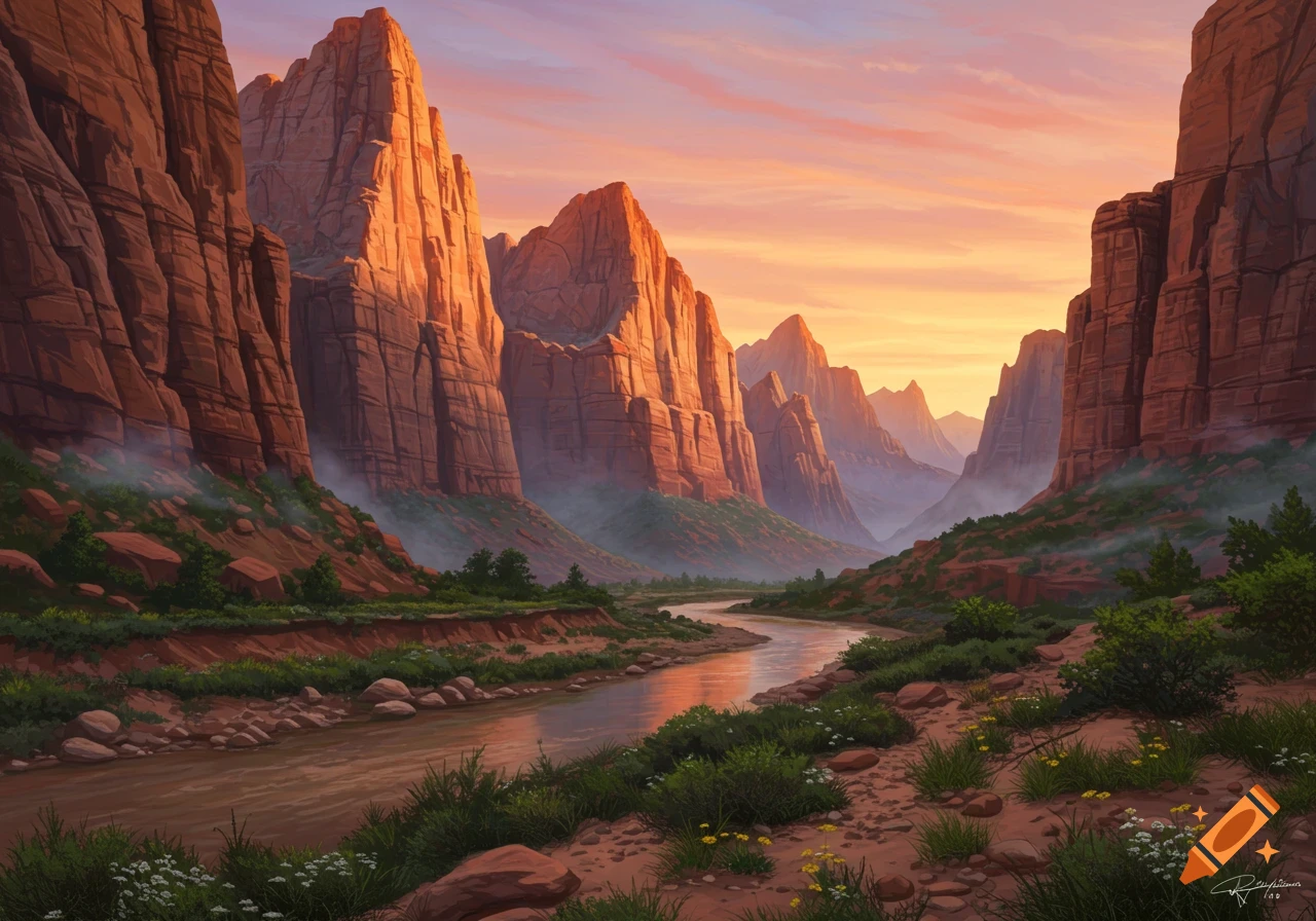 A picturesque landscape of Zion National Park, featuring towering red rock cliffs, a winding river, and green vegetation under a vibrant orange and pink sunset sky.